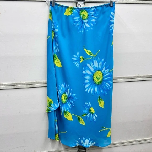 Vintage Y2K Maxi Skirt Floral Teal Green Daisy Slip Made in USA Size Large - Picture 2 of 6